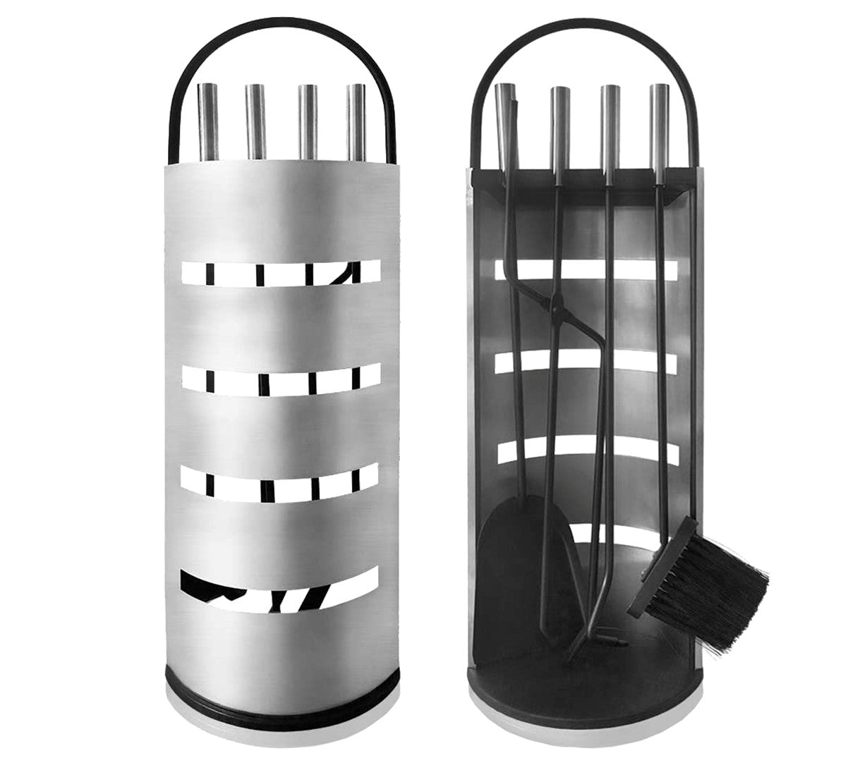 4 Fire tool set w Designer stainless steel stand